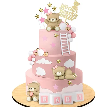 35pcs Bear торта топери мини мечка торта декорации злато бяла перла топка за момче момиче бебе душ рожден ден парти декорации