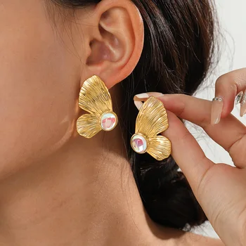 HIYEE мода пеперуда симетрични обеци от неръждаема стомана персонализирани мода преувеличени дизайн смисъл титанов стомана обеци