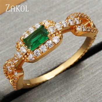 ZAKOL Зелен площад кубичен цирконий пръст пръстен за жени златен цвят изящен юбилей рожден ден бижута подарък 2023 Ново