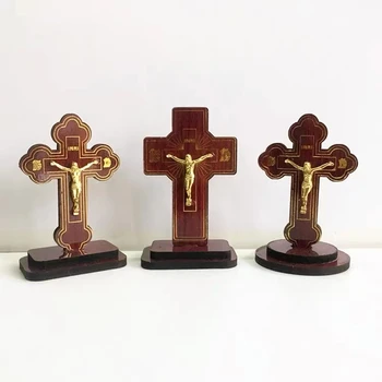 Дървено разпятие Католически Исус INRI кръст със стойка религиозен дом Декорация на автомобили Църковни сувенири