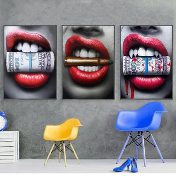Картини за стена Плакати Секси червени устни хапят куршум и пари Модерни картини от платно За хол Декор без рамки