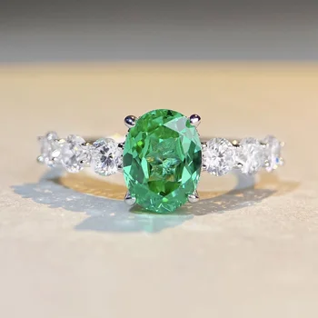 Мода луксозен цвят зелен кубичен циркониак пръстени овални нарязани годежни пръстени сребро 925 циркон пръстени за жени безплатна доставка