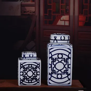 Обзавеждане на дома Jingdezhen керамика саксия орнаменти класическа керамика квадратна стая офис декорация синьо бял порцелан буркан ваза