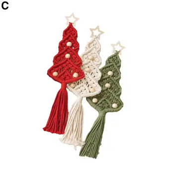 Ръчно тъкани Коледа дърво декор Ръчно изработени коледно дърво декорации дървени звезда мъниста стенни завеси памук въже гоблени DIY комплект