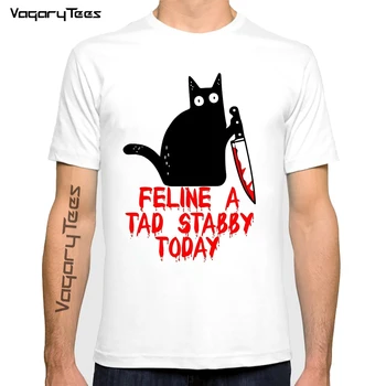 Смешни черна котка подарък за котки любовници тениска черна котка какво котка A Tad Stabby Днес писмо костюм мъже T риза къс ръкав отгоре
